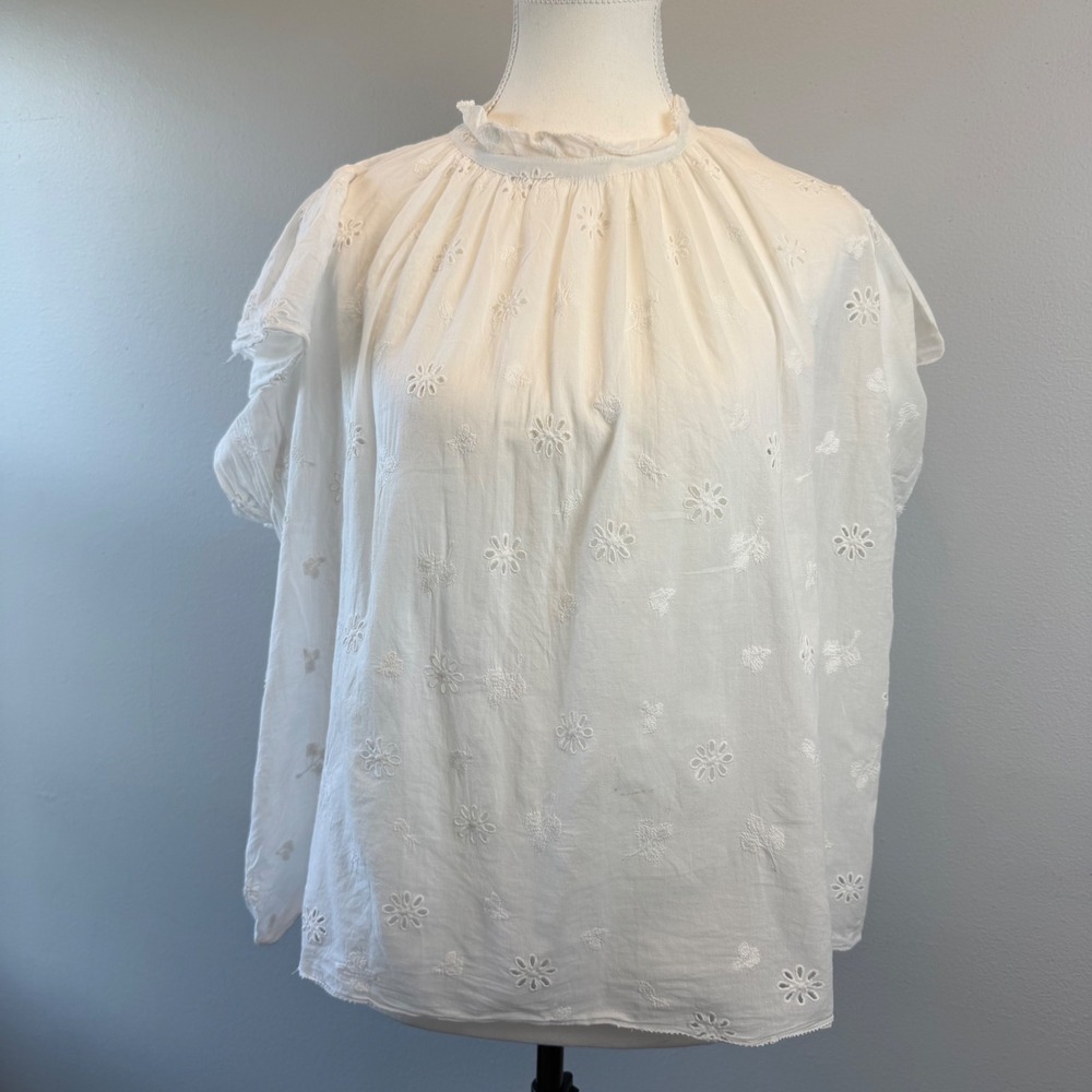 TROVATA Birds of Paradis White Cotton Eyelet Ruffle Neck Flutter Sleeve Blouse